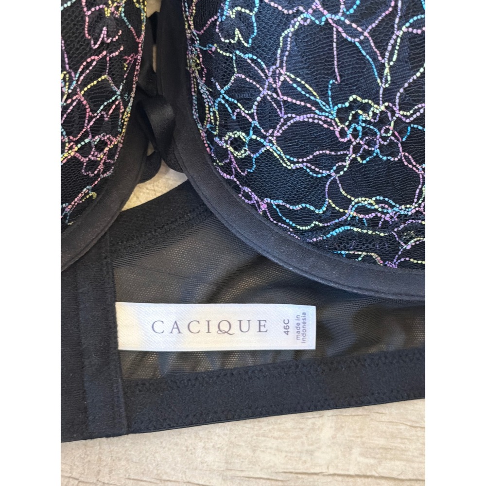 Cacique Boost Balconette Bra 46C Black Neon Floral Lace Underwire Padded